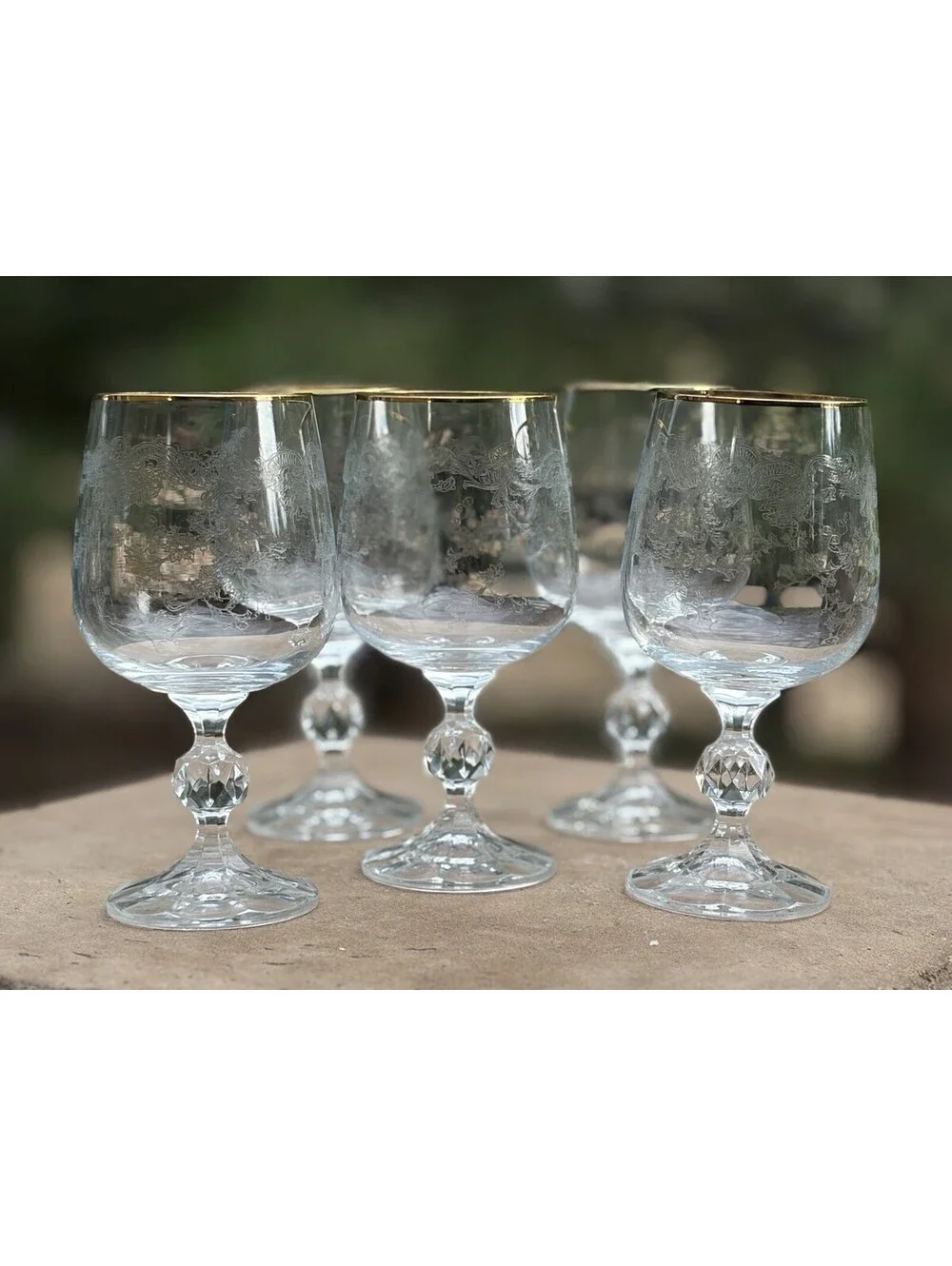 Set Of 5 VTG Bohemia Crystal Cascade 6.5” Etched Ball Stem Goblets Made in Czech